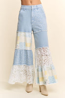 Davi & Dani Denim Blocked Patchwork Print and Lace Pants in Light Denim Multi