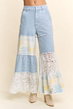 Load image into Gallery viewer, Davi &amp; Dani Denim Blocked Patchwork Print and Lace Pants in Light Denim Multi
