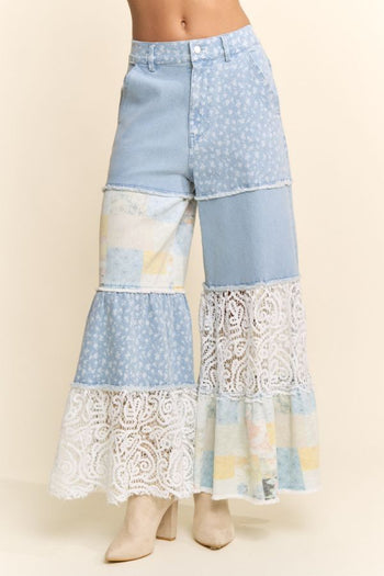 Davi & Dani Denim Blocked Patchwork Print and Lace Pants in Light Denim Multi