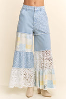 Davi & Dani Denim Blocked Patchwork Print and Lace Pants in Light Denim Multi