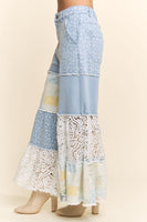 Davi & Dani Denim Blocked Patchwork Print and Lace Pants in Light Denim Multi