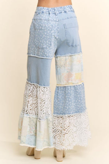 Davi & Dani Denim Blocked Patchwork Print and Lace Pants in Light Denim Multi