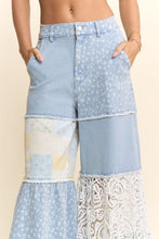 Load image into Gallery viewer, Davi &amp; Dani Denim Blocked Patchwork Print and Lace Pants in Light Denim Multi
