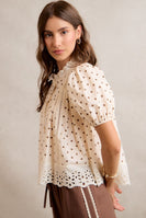 So Me Polka Dot Cotton Lace Trim Blouse in Beige/Brown