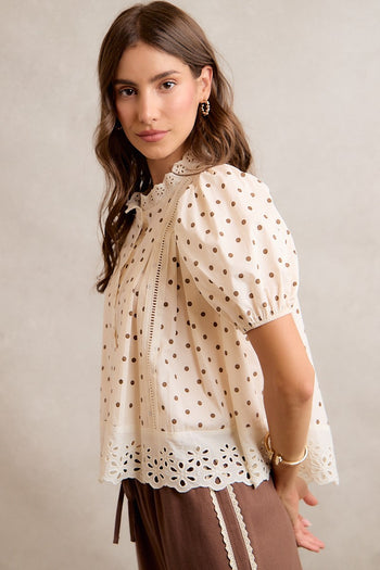 So Me Polka Dot Cotton Lace Trim Blouse in Beige/Brown