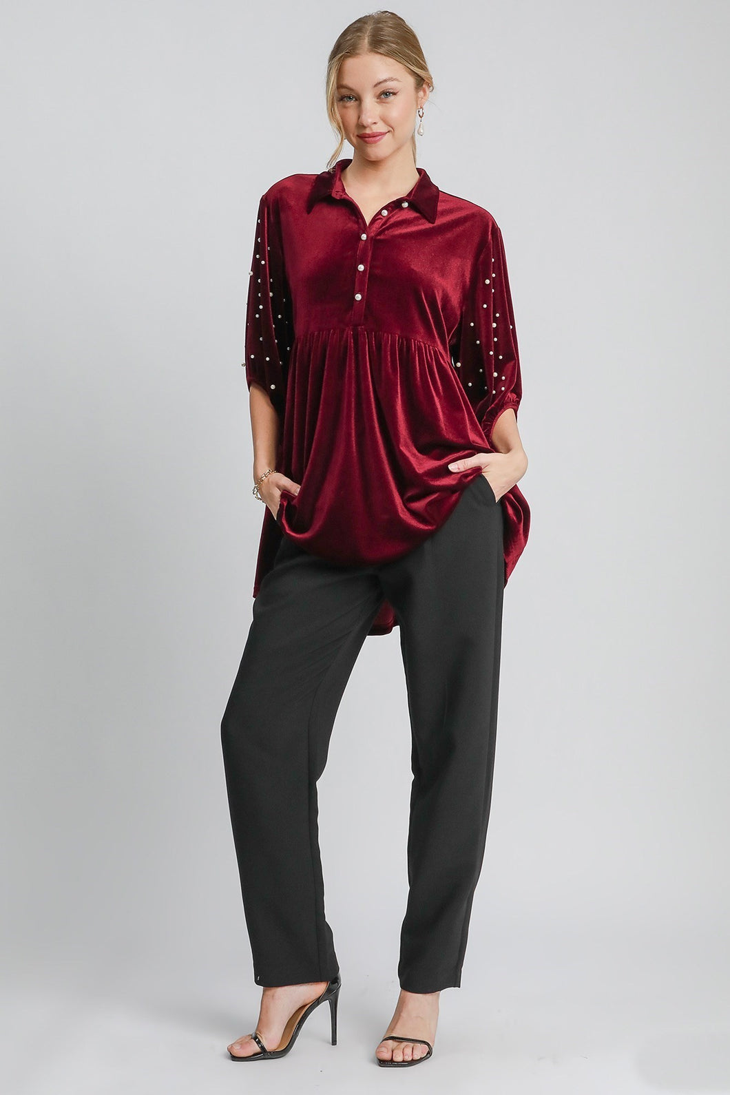 Umgee Velvet Tunic Top with Pearls in Wine