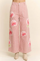 Davi & Dani Washed Striped Pants with Printed Flowers in Pink