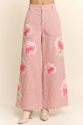 Davi & Dani Washed Striped Pants with Printed Flowers in Pink