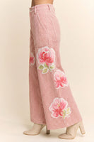 Davi & Dani Washed Striped Pants with Printed Flowers in Pink