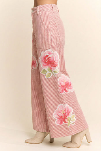 Davi & Dani Washed Striped Pants with Printed Flowers in Pink