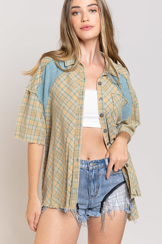 POL Plaid Button Down Top in Blue Camel Shirts & Tops POL Clothing   