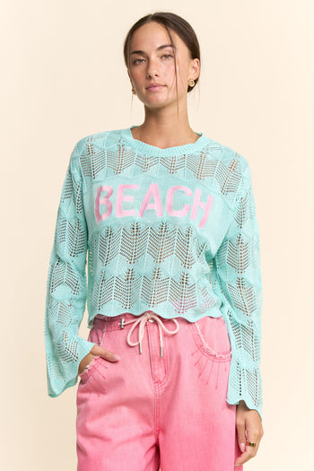 Davi & Dani Crochet Top with BEACH Letter Front in Aqua Blue