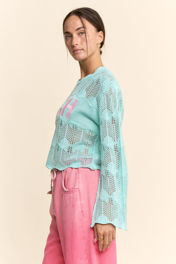 Davi & Dani Crochet Top with BEACH Letter Front in Aqua Blue
