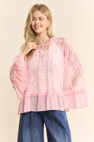 Davi & Dani OVERSIZED Floral Sheer Lace Top in Pink