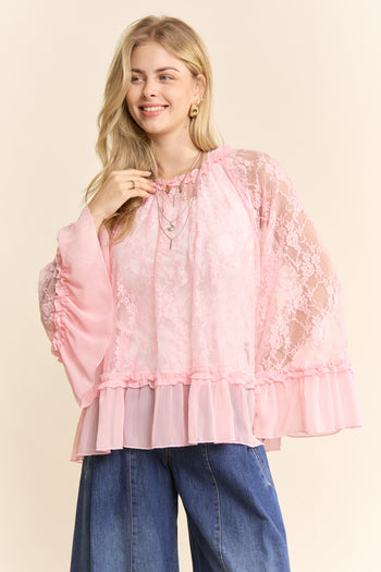 Davi & Dani OVERSIZED Floral Sheer Lace Top in Pink