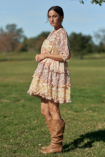 Davi & Dani Mixed Print Chiffon Ruffle Tiered Babydoll Dress in Vanilla Peach