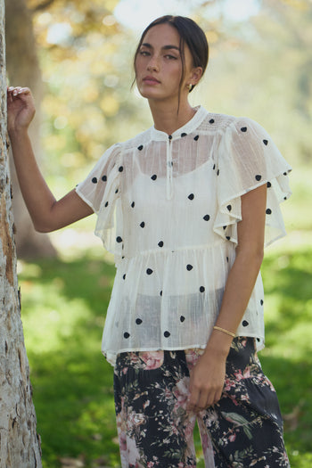 Davi & Dani Sheer Polka Dot Flutter Sleeve Babydoll Top in Cream