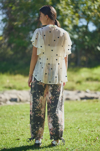 Davi & Dani Sheer Polka Dot Flutter Sleeve Babydoll Top in Cream