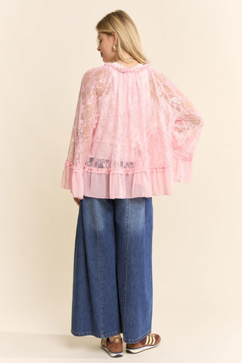 Davi & Dani OVERSIZED Floral Sheer Lace Top in Pink