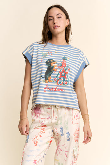 Davi & Dani Striped French Terry Patriotic Puppy Top in Blue