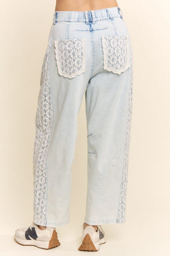 Davi & Dani Baggy High Waisted Lace Trim Jeans in Light Denim