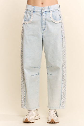 Davi & Dani Baggy High Waisted Lace Trim Jeans in Light Denim