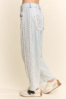 Davi & Dani Baggy High Waisted Lace Trim Jeans in Light Denim