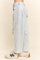 Davi & Dani Baggy High Waisted Lace Trim Jeans in Light Denim