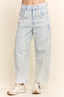 Davi & Dani Baggy High Waisted Lace Trim Jeans in Light Denim