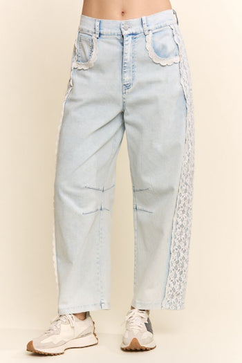 Davi & Dani Baggy High Waisted Lace Trim Jeans in Light Denim