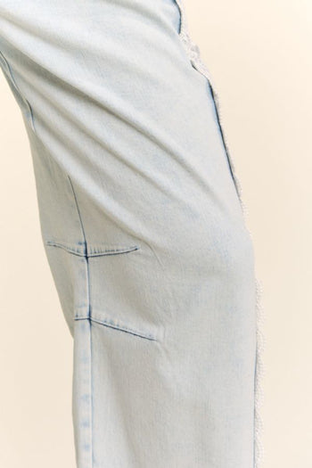 Davi & Dani Baggy High Waisted Lace Trim Jeans in Light Denim