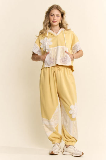 Davi & Dani Lace Panel French Terry Hoodie and Jogger Set in Butter Cream
