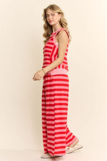 Davi & Dani Towel Knit Striped Set in Pink Red