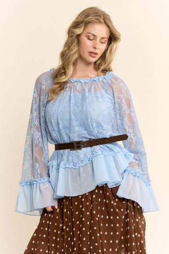 Davi & Dani OVERSIZED Floral Sheer Lace Top in Light Blue