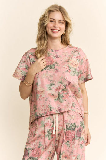 Davi & Dani Garden Flower Printed French Terry Set in Pink