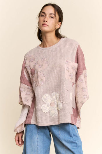 Davi & Dani Floral Applique Patchwork Waffle Knit Top in Pink Multi