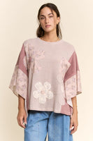 Davi & Dani Floral Applique Patchwork Waffle Knit Top in Pink Multi