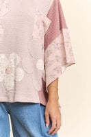 Davi & Dani Floral Applique Patchwork Waffle Knit Top in Pink Multi