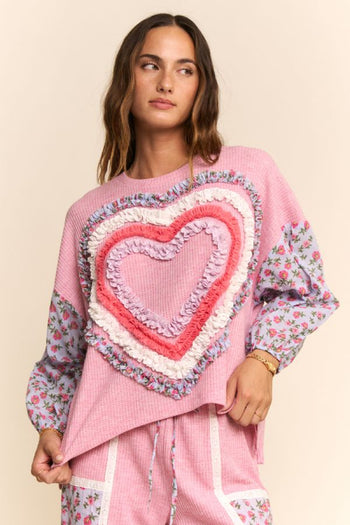 Davi & Dani Waffle Knit and Floral Print Top with Ruffle Heart Detail in Pink Multi