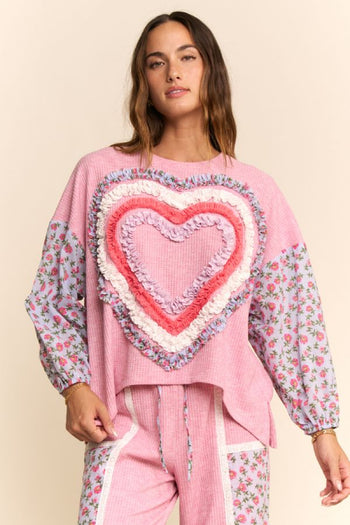 Davi & Dani Waffle Knit and Floral Print Top with Ruffle Heart Detail in Pink Multi