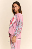 Davi & Dani Waffle Knit and Floral Print Top with Ruffle Heart Detail in Pink Multi