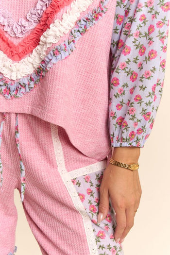 Davi & Dani Waffle Knit and Floral Print Top with Ruffle Heart Detail in Pink Multi