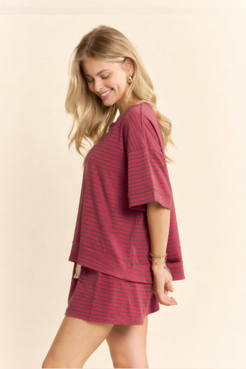 Davi & Dani OVERSIZED Striped Top and Shorts Set in Dusty Pink Multi