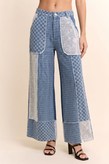 Davi & Dani Checkered Denim Lace Patch Wide-Leg Pants in Light Denim Multi