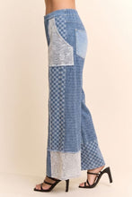 Load image into Gallery viewer, Davi &amp; Dani Checkered Denim Lace Patch Wide-Leg Pants in Light Denim Multi
