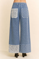 Davi & Dani Checkered Denim Lace Patch Wide-Leg Pants in Light Denim Multi
