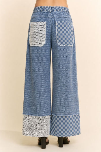 Davi & Dani Checkered Denim Lace Patch Wide-Leg Pants in Light Denim Multi