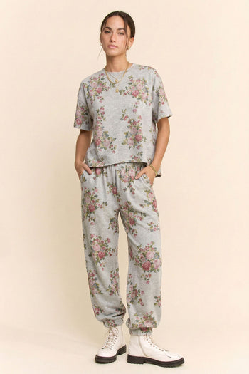 Davi & Dani Floral Bouquet Printed Soft Scuba Set in Heather Grey