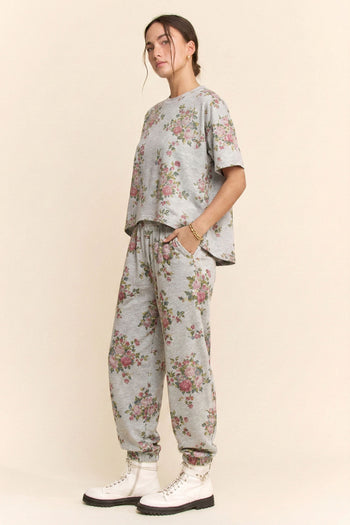 Davi & Dani Floral Bouquet Printed Soft Scuba Set in Heather Grey