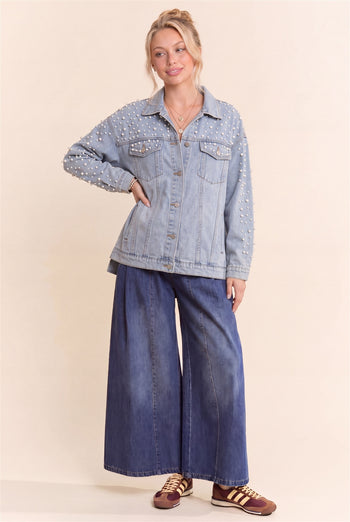 Davi & Dani Pearl and Rhinestone Embellished Light Wash Jacket in Denim